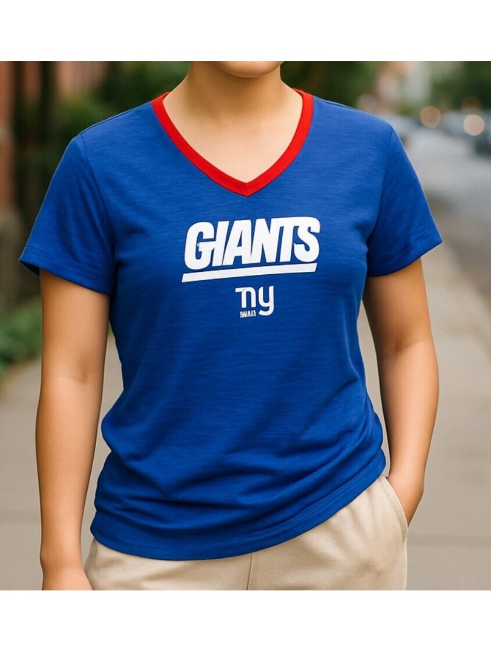 Nike NFL NY Giants Dri-Fit V-Neck T-Shirt Women’s XL Training Tee Blue Game Day